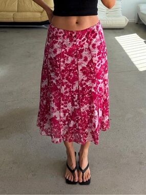 Flowy Pink & White Floral Midi Skirt